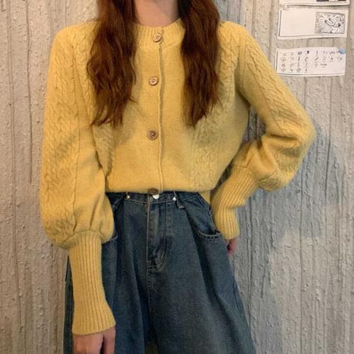 Rimocy Korean Yellow Knitted Cardigan Women 2021 Autumn O Neck Lantern Long Sleeve Sweaters Woman Single-breasted Womens Jumper