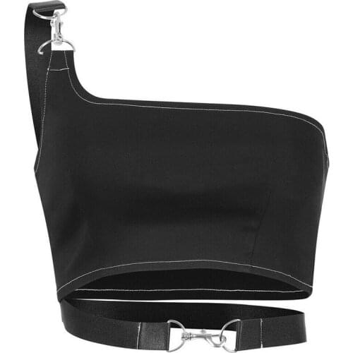 Gothic Women One Shoulder Crop Top Sexy Backless Metal Buckle Tank Tops Camisole Cropped Vest Party Club Tee Shirt Streetwear