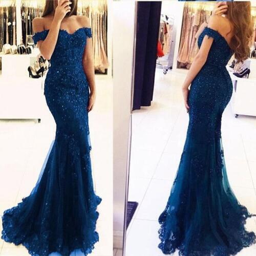 Off the Shoulder Navy Blue Mermaid Long Evening Dresses 2020 Lace Appliques Abiye Gece Elbisesi Formal Women Prom Dress Elegant