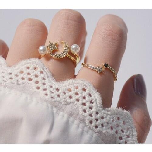 Delicate Jewelry 14K Gold Plated Moon Adjustable Crystal Star Rings for Women Elegant Pearl Beads Engagement Rings