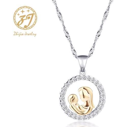 Zhijia Zircon Necklace Mother Love Baby Love Pendants Necklaces for Women Luxury Charm Necklace of Mothers day Gift For Mom