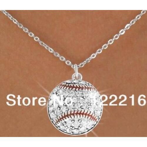 10pcs a lot Silver white rhinestone red enamel baseball pendant necklace sports jewelry