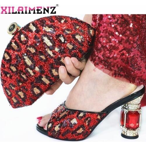 2019 Red Color Comfortable Heels Nigerian Shoes with Matching Bag for Woman African Shoes and Bag Set with Big Crystal