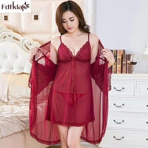 3 Pieces set new sexy transparent dress spring summer night wear bathrobe dressing gowns for women sleepwear lounge robe set