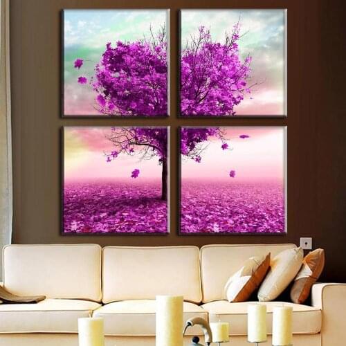 4 Pieces purple heart love tree romantic Canvas Abstract Flower Painting Room Wall Beautify Sideboard Pictures Unframed
