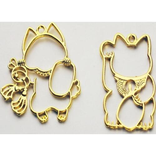 5pcs Fortune Cat Decor Hollow Open Bezels Jewelry Findings Pendant Accessories DIY Charms Handmade UV Resin Metal Frame Craft