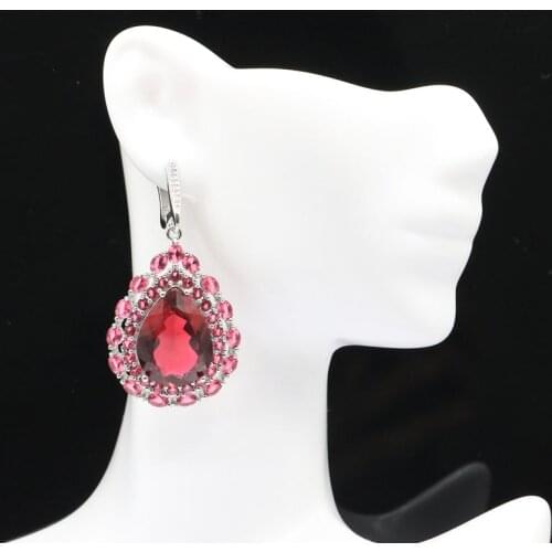 50x26mm Long Big Jewelry Set Created Raspberry Rhodolite Garnet CZ For Womans Bride Engagement Dating Silver Pendant Earrings