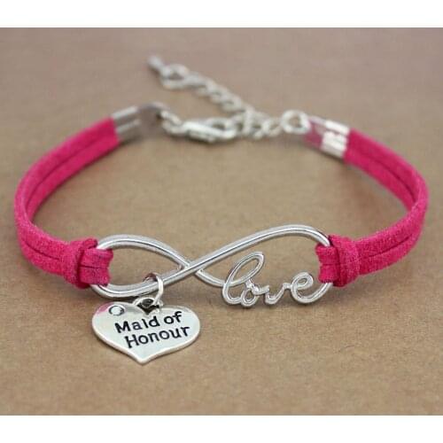 Maid of Honour Honor Sister Flower Girl Bridesmaids Heart Infinity Love Charm Bracelets Women Girl Jewelry Gift Pink 20 Colors
