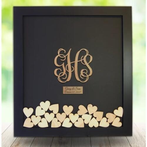 Personalize monogram Wooden Wedding Guest Book Alternative Guestbook Drop Top box wedding Guest Book hearts signature