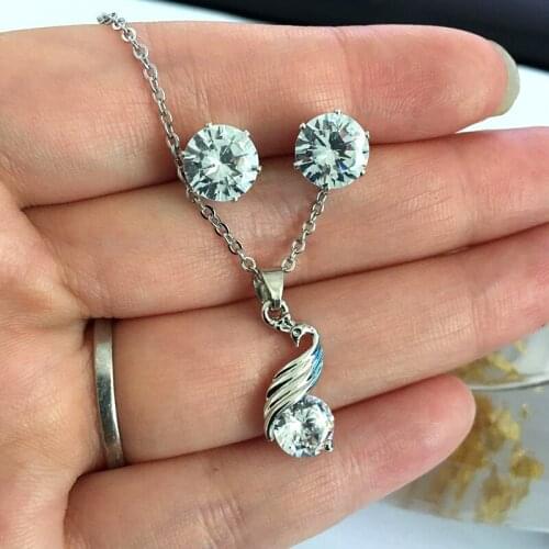 Jiayijiaduo Silver Color Necklace Earrings High Quality Zircon Pendant Earrings for Women Bridal jewelry Wedding Jewelry NE+EA