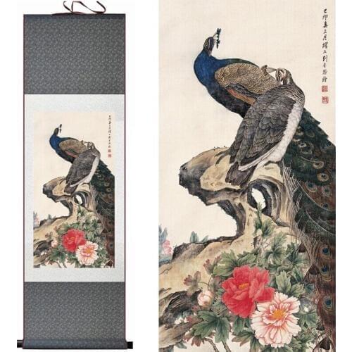 Peacock and flower painting Home Office Decoration Chinese scroll painting traditional birds and flower painting Chinese