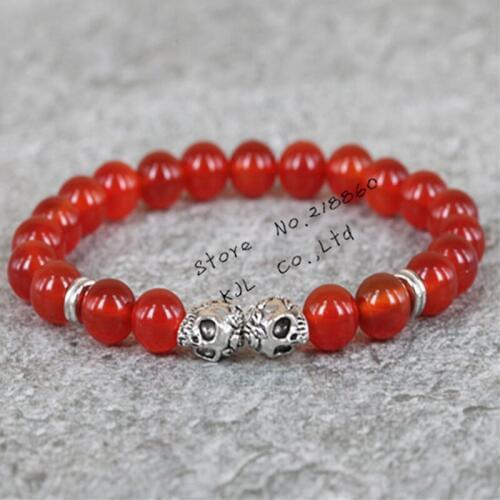 KEJIALAI 1pcs 2018 New Fashion 8mm Beads Bracelet Gold/Silver Color Skull Head Natural Red Stone Mens Beads Bracelet A0300