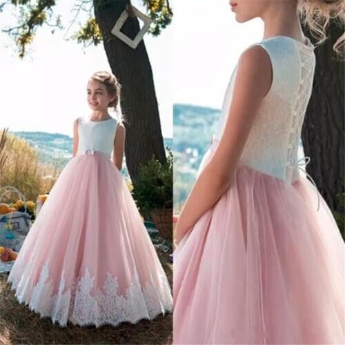 Lace Applique Flower Girl Dresses Tulle Sleeveless Pageant Ball Gown for Girls Customized First Holy Communion Party Dresses