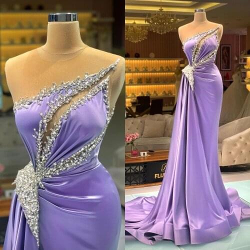 Lavender Evening Gowns Beaded Sheer Jewel Neck Satin Sleeveless Mermaid Prom Dress Custom Made Formal Vestidos De Fiesta