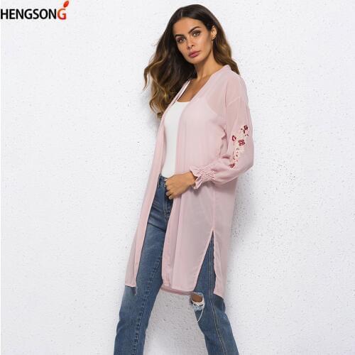 Summer Kimono Cardigan Women Floral Embroidery Chiffon Blouse Korean Flare Sleeve Long Shirt Women Cardigans Beach Long Blouse