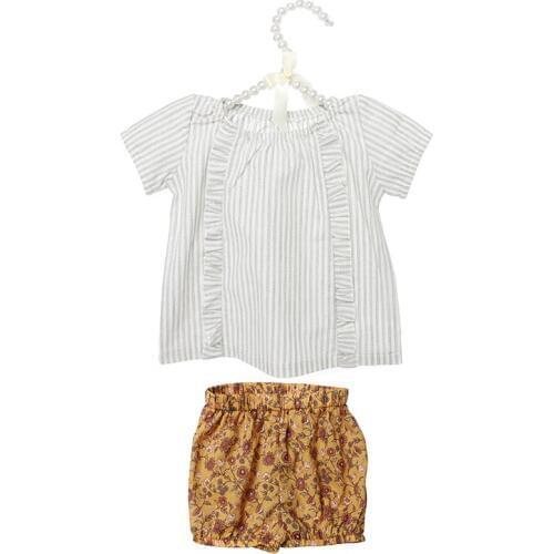 Kaiya Angel Hot Sale Boutique Children Sets for Girls Striped Ruffle Top + Flower Printed Short Toddler Summer Outfits Wholesale