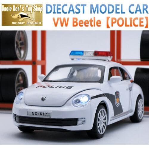 15Cm Length VW Beetle Diecast Car, 1:32 Scale Alloy Model, Metal Police Toys As Kids Gift With Pull Back Function/Light/Sound