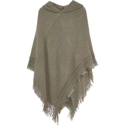 Q1QA Women Winter Knitted Hooded Poncho Cape Solid Color Crochet Fringed Tassel Shawl Wrap Oversized Pullover Cloak Sweater
