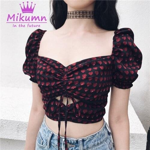 Harajuku Shirt Sexy Hollow Out Lace-up Square Neck Puff Sleeve Crop Top Blouse Gothic Vintage Print Shirs Chic Streetwear