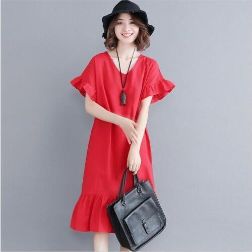 Thin Cotton and Linen Women Summer Dress Short Butterfly Sleeve Ruffles Straight Dress Solid Casual Loose Slim Dress Vestido