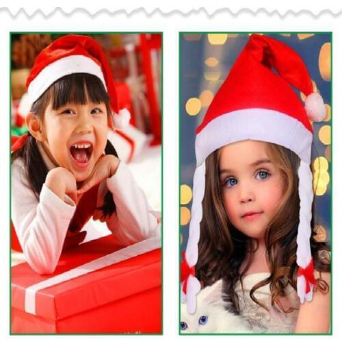 Hot sale Christmas Hat with Braids Red Non-woven cloth Kids Girl Party Hats New Year Christmas decorations Gift Supplies