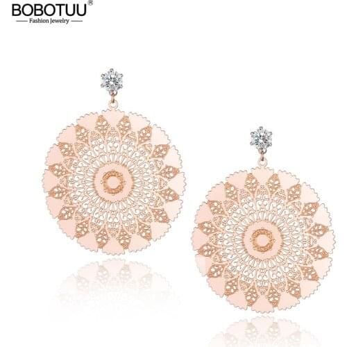 BOBOTUU Titanium Steel Exquisite Geometric Pattern Circle Earrings Jewelry Rose Gold Wedding Stud Earrings For Women BE18027