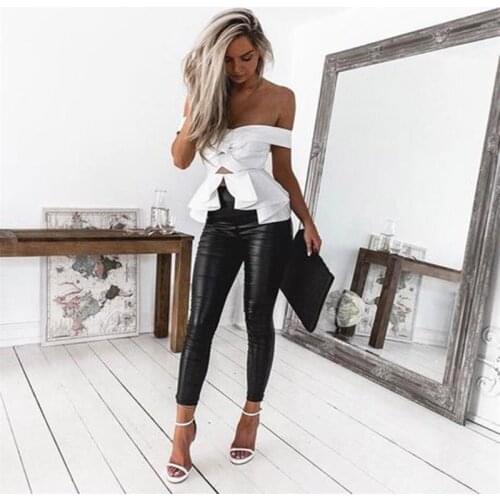 Vogue women sexy skinny leopard snakeskin print black leather leggings pants fashion female high waist slim legging pencil pants