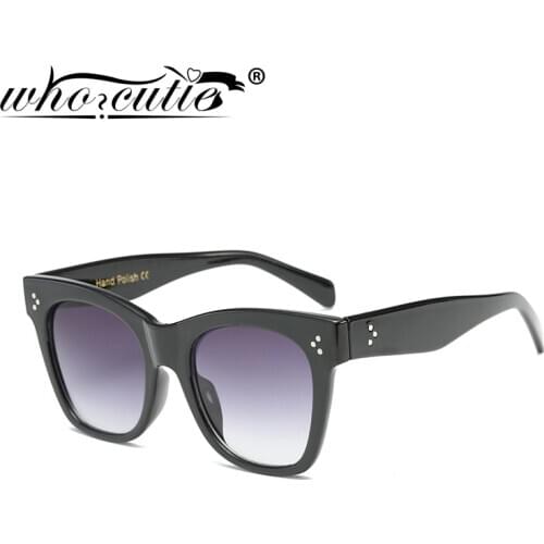 WHO CUTIE Vintage Cat Eye Square Sunglasses Women Brand Designer Rivet Frame Retro Black Cateye Sun Glasses Female Shades OM329