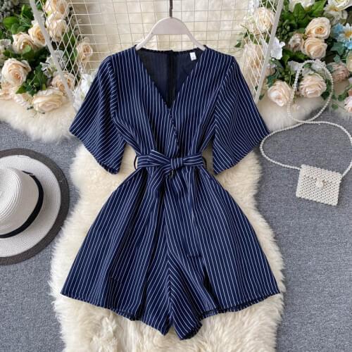 Vadim Real Body Feminino 2020 New Womens Jumpsuit Summer Commute Temperament V-neck Stripe Lace-up Waist Short Wide Leg Women