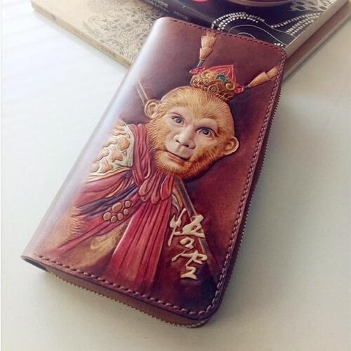 Chinese Style Gift Original Design Handmade carving Women Wallets Card Holder Purses Men Long Clutch Vegetable Tanned Leather