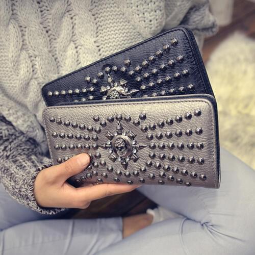 2020 Women skull wallet cartera mujer New Vintage leather long Purse Clutch Bags Card holder rivet coin purse portefeuille femme