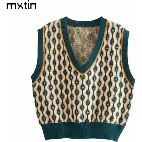 2021 Womens Fashion Stripes Patchwork Knitted Vest Sweater Vintage V Neck Sleeveless Female Waistcoat Jumper Jerseys Mujer