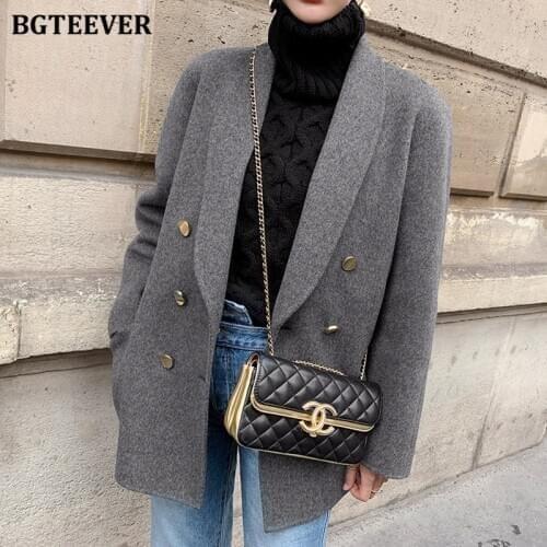 BGTEEVER Elegant Ladies Thicken Warm Blazer Double Breasted Loose Female Long Sleeve Woolen Suit Jackets Winter Coat 2020