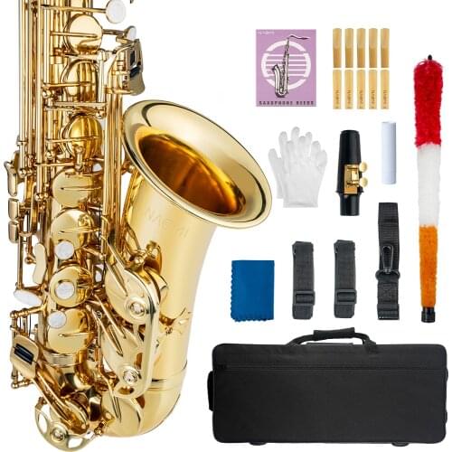 NAOMI Saxophone Eb Alto Saxophone Brass Gold Lacquered E Flat Sax 802 F Key With Cleaning Brush Cloth Gloves Strap Padded Case
