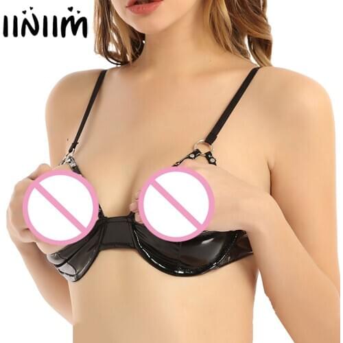 Iiniim Womens Sexy Porno Open Cup Sissy Bra Tops Shiny Leather Bra with Rivet Strap Underwire Breast Exotic Lingerie Underwear