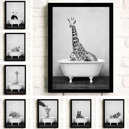 Black and White Animals Wall Art Bathroom Bathtub Elephant Lion Panda Giraffe Diy Diamond Painting Nursery Picture for Kids Room
