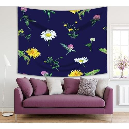 Tapestry Wildflowers on Dark Background Plants Blooms Nature Theme Art Green Yellow White Blue