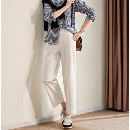 Cotton Autumn Spring Women Trousers High Waist Ankle-length Pants Female Loose Casual Straight Black White Suit Pants MOKIJINS