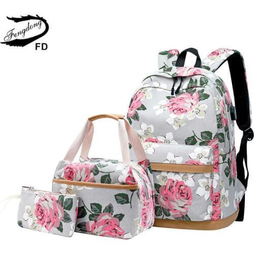 Fengdong 3pcs/set korean style flower canvas school backpack children floral book bag set school bags for teenage girls bagpack
