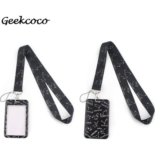 J1941 Cartoon Constellation Black Lanyard Keychain key Badge ID Mobile Phone Rope Cute Gifts Lanyard With Card Holder
