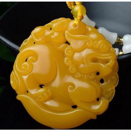 Chinese Beautiful Natural Yellow Jade Hand-Carved Kirin Luck Amulet Pendant