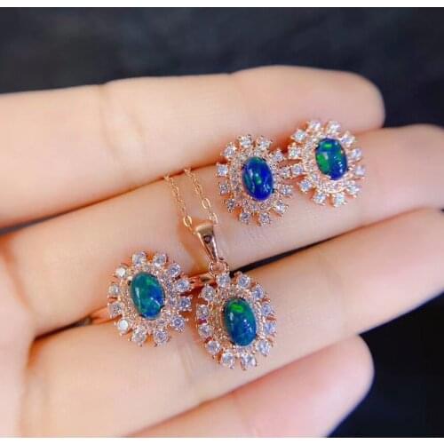 Fine Jewelry 925 Sterling Silver Natural Black Opal Female Ring Pendant Earring Set Elegant Supports Test