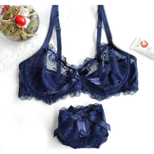 YANDW Bra brief sets sexy lingerie bras Thin transparent panties sexy lace embroidery floral Crop top women see through mesh