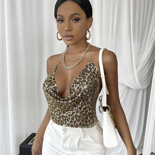 G&T Fashion Metal Crop Top Summer Sexy Club Femme Backless Bralette Vest Beach Halter Gold Sequined Party Women Tank Camisole