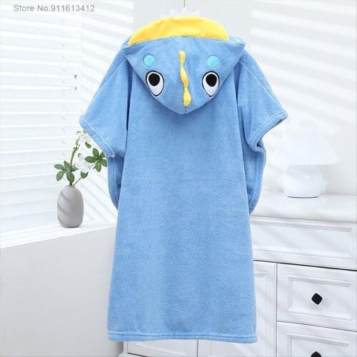 Cartoon Blue Dinosaur Soft Microfiber Summer Beach Towel with Hood Hooded Bath Towel for Boys Girls Wearable Travel Wrap Blanket