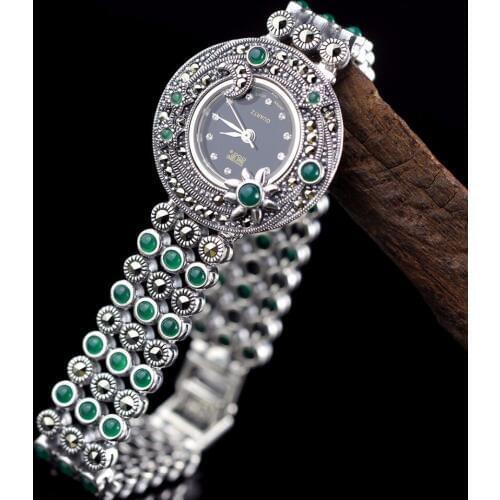 Hot Sale Women Classic Thai Silver Bracelet Watch S925 Silver Bracelet Watch Silver Jade Bracelet Watches Real Silver Bangle