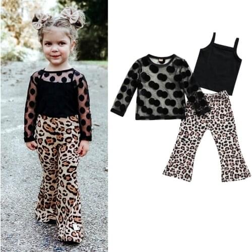 2021 Fashion Baby Girls Clothes Sets Summer Autumn Kids Polka Dot Mesh Sheer Long Sleeve Top + Vest + Leopard Flare Pant Outfit