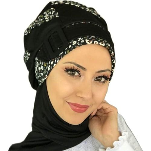 Islamic Fashion Muslim Women Hijab 2021 Trend Scarf Buckle Ready Sal Flower Pattern Black Ankle-Strap Beret