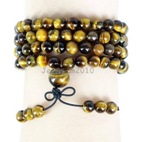 Natural Tigers Eye 6mm Gems Stone Buddhist 108 Beads Prayer Mala Multi-Purpose Stretchy Bracelet 5Strands/Pack
