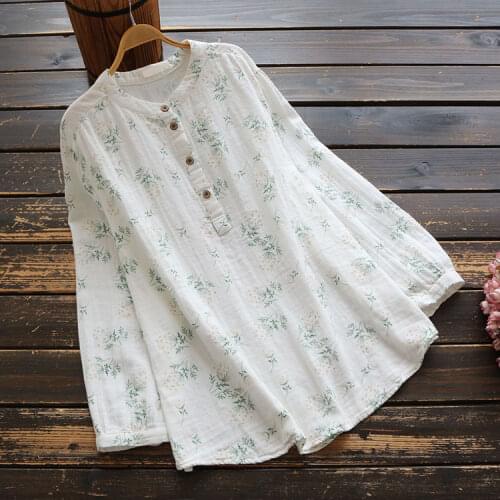 New autumn women Japan style simple print stand collar long sleeve blouse mori girl cotton casual shirt tops pullover 2020